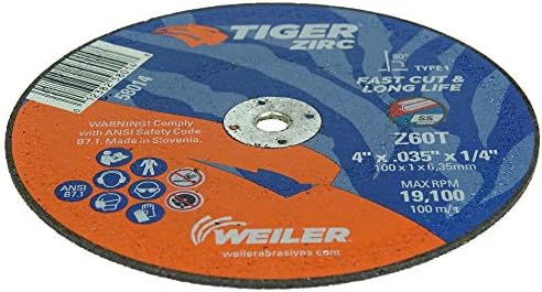 Weiler 58014 4-Inch Cutting Wheel, Tiger Zirc Metal Fast Cut & Long Life, High Performance Cutting, 0.035" Z60T Type 1 1/4" Arbor (Pack of 25)