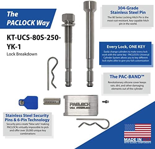 PACLOCK's KT-UCS-80S-250-YK-1 Hitch Lock Combo, Stainless Steel, High Performance 6-Pin Cylinder, Keyed Differently, with 1/2" Threaded Pin & 5/8" Pin