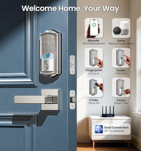 Veise VE027-L WiFi Smart Lock with Handles Set for Front Door, Satin Nickel | Remote APP Control, Fingerprint Voice & Fob Unlock, Touchscreen Keyless Entry Door Lock with Lever, No Hub Need, Auto Lock