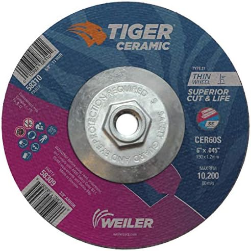 Weiler 58310 6 Inch Cutting Wheel, Tiger Ceramic Stainless Steel Superior Life & Cut Contaminant Free Max Performance Cutting, .045" CER60S Type 27 5/8"-11 Hub, Pack of 10