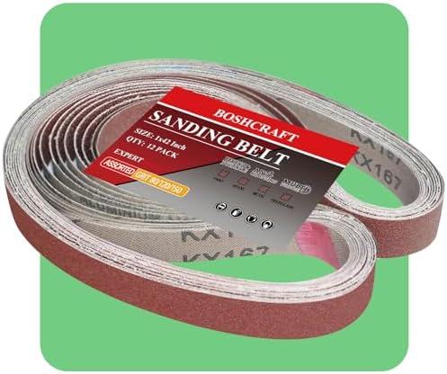 BOSHCRAFT 1 x 42 Inch Belt Sander Sanding Belt, 12 Pack Belt Sander Paper 80/120/150 Grits Assortment Aluminum Oxide Sanding Belts for Belt Sander Knife Sharpening Wood Metal Polishing