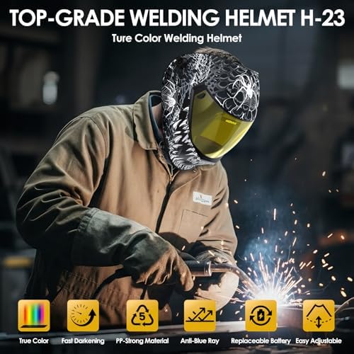 Welding Helmet Auto Darkening True Color Large Viewing, Welding Hood Solar/Rechargeable Battery Powered, Wide Shade 4/5-13 with 4 Arc Sensor, Optical Clarity Welding Mask for TIG MIG ARC Grind