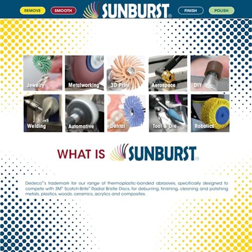 Dedeco Sunburst - 7/8 Inch TC 4-PLY Radial Bristle Discs - Precision Thermoplastic Rotary Cleaning and Polishing Tool Set, Assorted: 1 of Each 7 Grit Textures 3/32 Inch (2.35mm) Shanks (7 Piece)