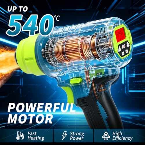 21V Cordless Heat Gun, Max 1004℉ Digital LCD Display Hot Air Gun with 2 x 6.0Ah Batteries and 4 Nozzles, Portable Heat Gun with LED Light, Pistola De Calor for Shrink Tubing, Vinyl Wrap, DIY