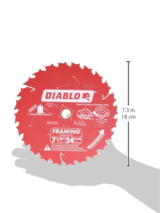 Diablo Framing Saw Blade for Wood - 7-1/4" x 24-Tooth, Thin Kerf, Anti-Vibration, Long Life for Framing & Pressure-Treated Wood, Tracking Point Tooth Design - D0724A