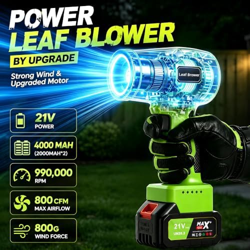 Handheld Leaf Blower as seen on TV, 990,000 RPM Cordless Leaf Blower with 2 Batteries and Charger, Blowers for Lawn Care, Patio, Leaves Dust, Snow, Car, Home(Green)