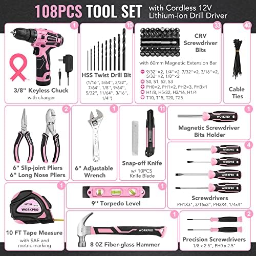 WORKPRO 12V Cordless Pink Drill Set for Women, Home Tool Kit with Tool box