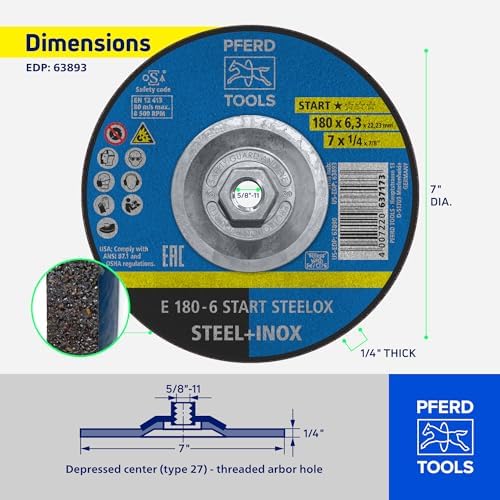 PFERD Start STEELOX, 7" x 1/4" x 5/8"-11, Grinding Wheel, Pack of 10