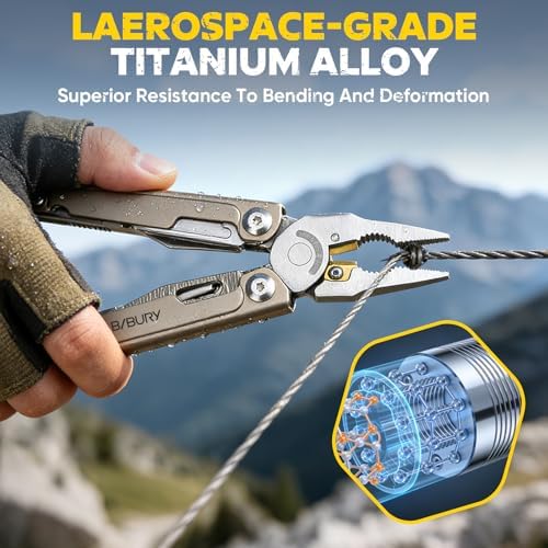 BIBURY Titanium Alloy Multitool Kit, BI2049TI with Damascus Knife, BI2048DT with Belt Clip, EDC Multi tools for men, Valentines Day Gifts for Him