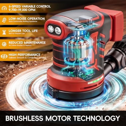 Cordless Brushless 5-Inch Random Orbital Sander Compatible with Milwaukee 18V Battery(Tool Only, No Battery Included) Brushless Sander with 6 Speeds, Dust Collection & 20 Sanding Discs for Woodworking