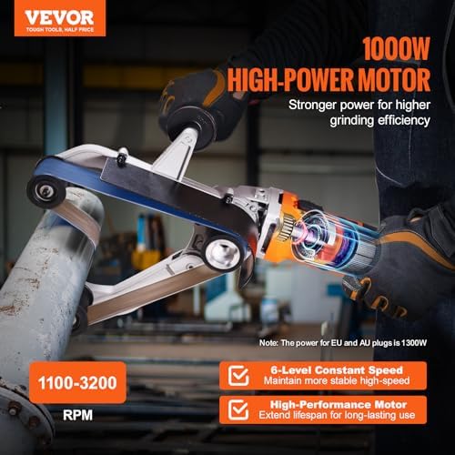 VEVOR Pipe Tube Polisher Sander, 1000W 120V Pipe Belt Sander with 6 Speeds 1100-3200rpm, Professional Belt Sander Grinding Machine with 50PCS Sanding Belts for Burnishing Finishing Rust Removal