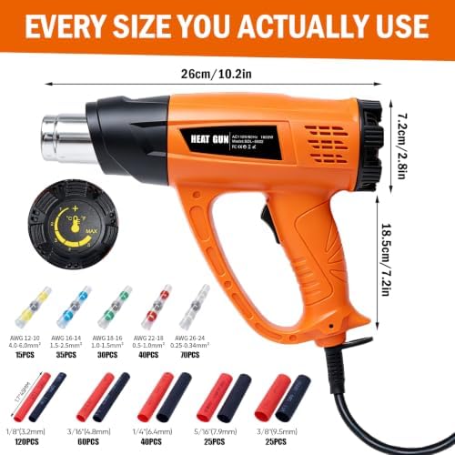 460PCS Waterproof Solder Seal Wire Connectors & 3:1 Heat Shrink Tubing with 1800W Heat Gun Kit 122℉~1202℉ Variable Temp 1.5S Fast Heating Overheat Protection for Auto Marine & Wiring Repair 10-26 AWG