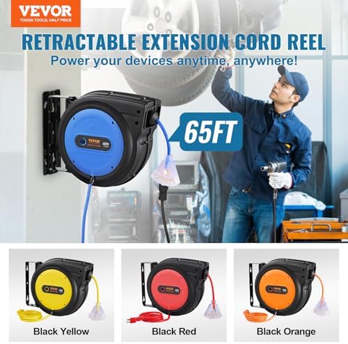 VEVOR 65FT Retractable Extension Cord Reel, 12AWG/3C SJTOW Heavy Duty Power Cord w/Lighted Electrical Triple Tap Outlets, 15A Circuit Breaker,180° Swivel Bracket for Workshop or Garage, Blue