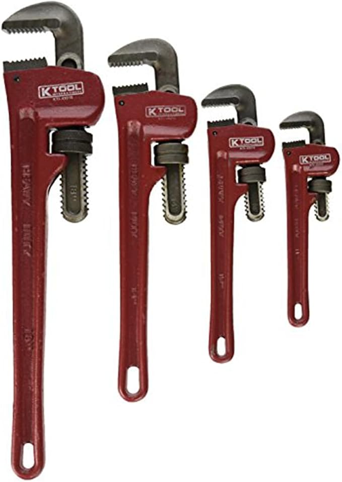 K Tool International 49000 Pipe Wrench Set, Four Piece Kit with 8 10 14 and 18 Inch Sizes, Drop Forged Heavy Duty Steel Jaws, Durable Boxed Storage Case