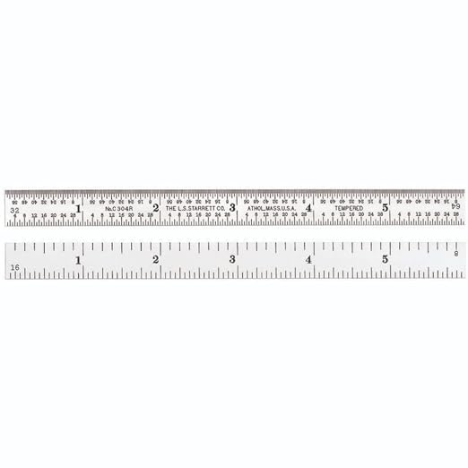 Starrett Full Flexible Steel Rule with Satin Chrome Finish, Quick Reading, and Inch Graduation - 4R Graduation, 6" Length, 1/64" Thickness - C304R-6