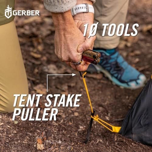 Gerber Gear Stakeout Spark - Multi-Tool Folding Knife for Backpacking, Survival, Camping, Outdoor - Pocket Tool w/Bottle Opener, Tent Stake Puller, Scissors, Tweezers - Coyote Brown