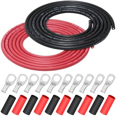 iGreely 8 Gauge 8 AWG Welding Battery Pure Copper Flexible Cable,10 Feet Black +10 Feet Red OFC Wire for Solar RV,5pcs 5/16"" & 5pcs 3/8""Copper Cable Lug Terminal Connector with Heat Shrink Tubing