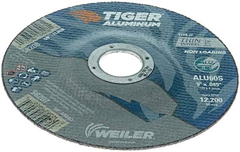 Weiler 58207 5 Inch Cutting Wheel, Tiger Aluminum Non-loading Contaminant-free High Performance Cutting, .045" ALU60S Type 27 7/8" Arbor, Pack of 25