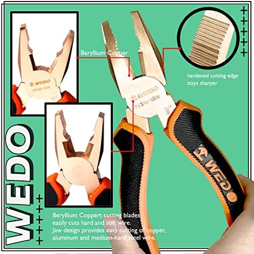 WEDO Non-Sparking Lineman's Pliers 10", Spark-free Safety Side Cutters, Combination Pliers, Wire Stripper, Crimper, DIN Standard, BAM & FM Certificate, Beryllium Copper