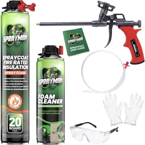 Sprayman Spraycoat Fire Rated Spray Foam Insulation Kit 20 Sq Ft (1x27.1oz) High R-Value (11.32 / 2in) Heat & Noise Reduction, Closed Cell Foam for Wall & Attic - Gun, Cleaner & Safety Gear, 1 Pack