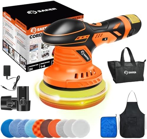 Saker Cordless Buffer Polisher, 6 Inch Fast Charging Portable Car Polishing Kit with 2PCS 12V 2000mAh Batteries, Polisher for Car Detailing Polishing Waxing (Orange, Buffer Polisher+2 Batteries+1 Bag)