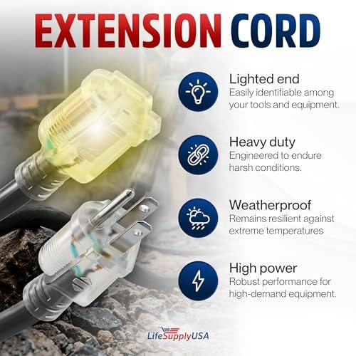 50ft Outdoor/Indoor Extension Cord 10/3 Gauge Ultra Heavy Duty 3 Prong SJTW, Waterproof, Flexible Cold-Resistant Long Power Cord,15A 125V 1875W, Black by LifeSupplyUSA