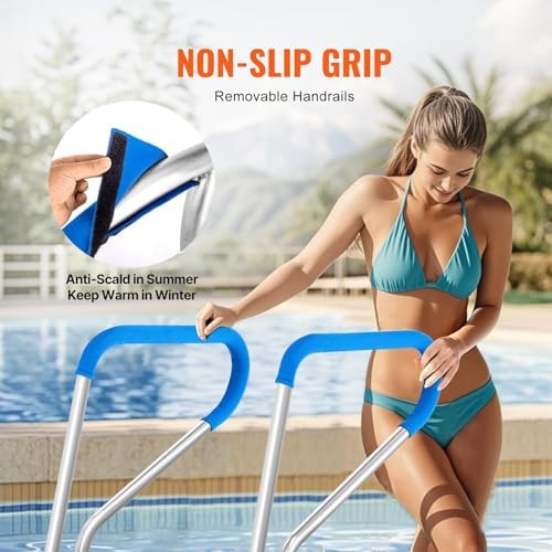 VEVOR Pool Handrail, 39 x 32 inch Pool Railing, Stainless Steel with Base Plate for Indoor/Outdoor Pools,Swimming Pool Safety Railing for Decks,Rust-Proof Grab Bar w/Grip Cover&Accessories for Spas