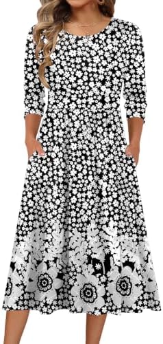 Zeagoo 3/4 Sleeve Women's Dress Casual Aline Summer Fall Midi Long Dresses