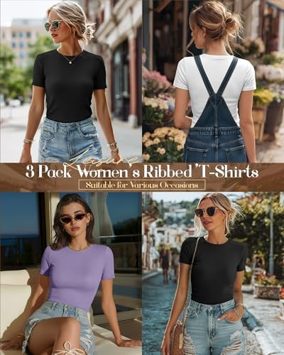 Ficerd 3 Pack Women's Ribbed Short Sleeve T-Shirts