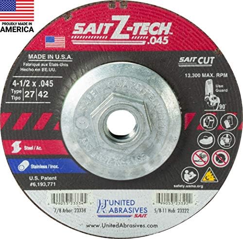 United Abrasives- SAIT 23322 Z-Tech Type 27 Cutting Wheel, 4-1/2-Inch Diameter X .045-Inch Width X 5/8-11 Bore, 10-Per Box