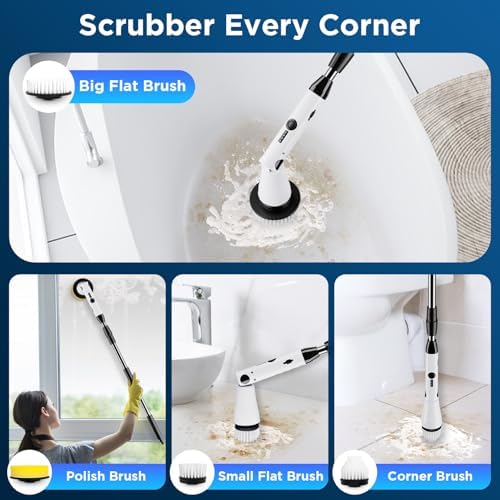 Electric Spin Scrubber, Bathroom Cleaner, Power Shower Cleaning Brush with Extendable Handle & 4 Brush Heads, Shower Scrubber for Bathtub Tile Grout Kitchen Window and Floor