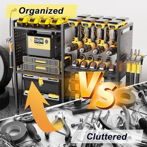 6-Tier Large Power Tool Organizer Cart with Charging Station, Heavy-Duty Garage Rolling Tool Cart with 6 Wheels, 8 Hooks & Adjustable Shelves, Holds 700LBS+