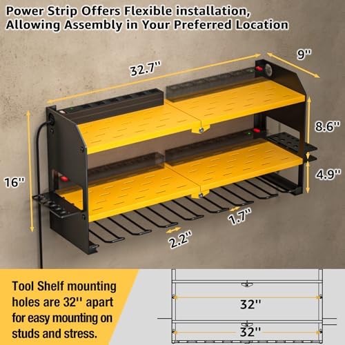 YYR Power Tool Organizer with Charging Station Wall Mount, Cordless Drill and Battery Holder for Garage Organization, Electric Tools Storage Rack Build in Surge Protection Power Strip - Yellow Shelf
