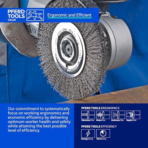 PFERD Crimped Wheel Brush, Stainless Steel Wire, 4-1/2" Diameter, 5/8-11 Thread, 0.014 Wire Size, 15/16" Trim Length, 1/2" Face Width, 12500 max RPM - Part 80354