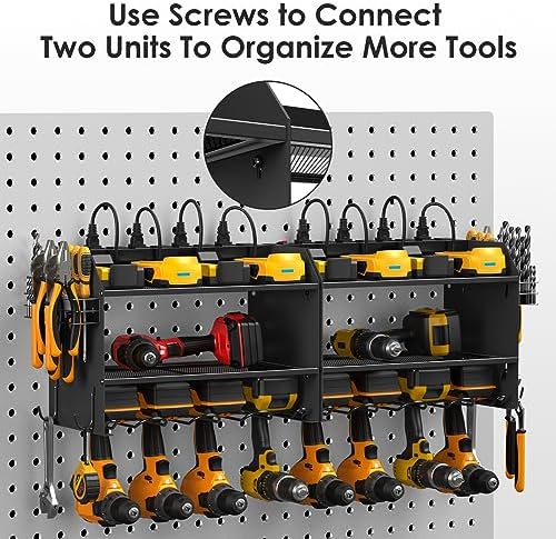 CCCEI Modular Power Tool Organizer Wall Mount Charging Station, Black 6 Drills Holder with 8 Plug Power Strip, Garage Drill Battery Heavy Duty Metal Shelf, Utility Rack with Hooks, Side Storage.