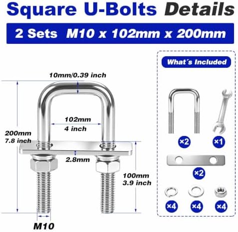 2 Pcs Heavy Duty M10 Square U Bolts Kit, 4 Inch Wide 304 Stainless Steel U-Bolt with Frame Plates and Washers, Marine Grade U Bolt M10 x 102mm W x 200mm L Trailer Axle Clamp