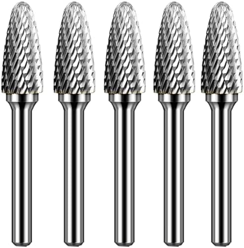 Carbide Burr Set 1/4" Shank SF-5 Die Grinder Bits Tungsten Double Cut Burr Bits (1/2" Cutter Dia X 1" Cutter Length) for Die Grinder Kits Metal Grinding Drilling Polishing (5pcs)