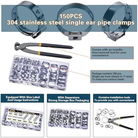 ASKWAY Single Ear Hose Clamp 6-28Mm 150 Pcs 10 Sizes, 304 Stainless Steel Stepless Hose Clamp, Suitable For Pex Pipe Connection, Automotive, Pipeline, Garden And Industrial Use