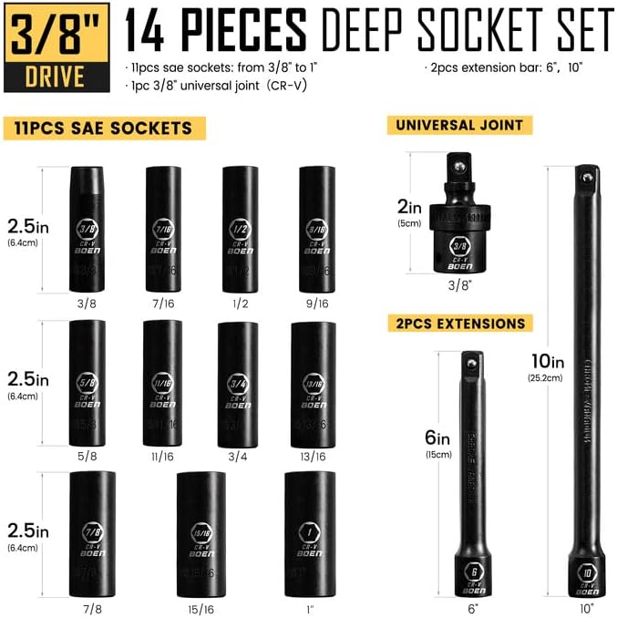 BOEN 14-Piece 3/8" Drive Deep SAE Impact Socket Set, 3/8" to 1" Socket, 3/8-Inch Drive Universal Joint丨6", 10" Extension Bars, 6 Point Design, Cr-V Steel, Heavy Duty Storage Case