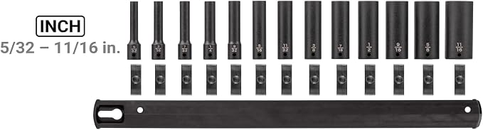 TEKTON 1/4 Inch Drive Impact Socket Set, 13-Piece | SID90105 | (5/32 - 11/16 in.), Deep, 12-Point, Socket Rail