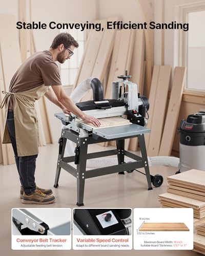 VEVOR 16" Drum Sander with Stand & Extension Tables, 1.5HP 1720RPM Dual Motor Drum Sander for Woodworking - Variable Speed Conveyor Belt, 4" Dust Collection Port for Cabinet & Furniture Finishing
