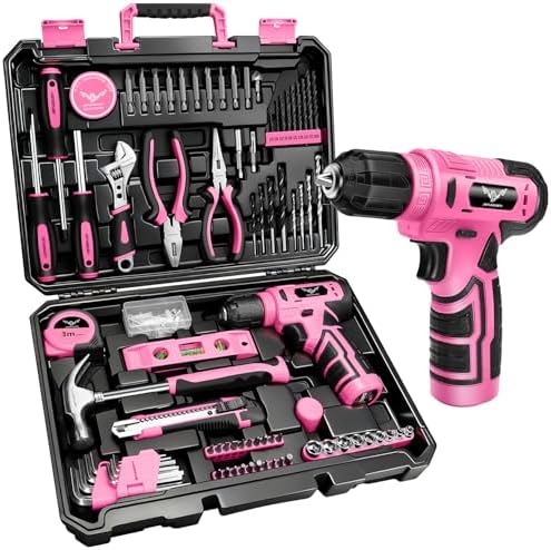 JENABOM 127-Piece Home Tool Set with 8V Pink Cordless Drill