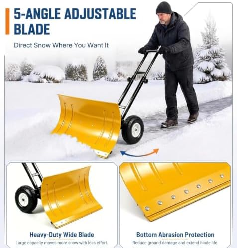 GarveeLife Wheeled Snow Shovel - 29in Steel Blade, 10in Wheels Yellow/Black