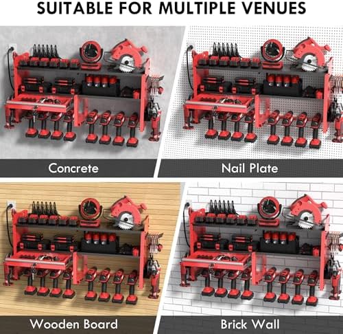 KSVO Power Tool Organizer Wall Mount, Locking Drawers, Charging Shelf, Red