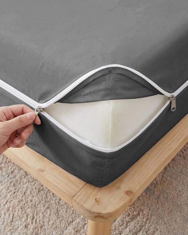 JS Sanders Zippered Mattress Protector Full Size – Soft 100% Egyptian Cotton, 600 Thread Count Deep Pocket Fitted Sheet Encasement Cover for Bed Breathable, 12-16 Inch Fit, Dark Grey 54x75