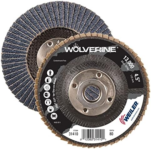 Weiler 31410 Wolverine 4-1/2" x 5/8"-11 UNC NUT Abrasive Flap Disc, 80 Grit Zirconia Alumina, Flat Type 27, Phenolic Backing, Standard Density (Pack of 10)