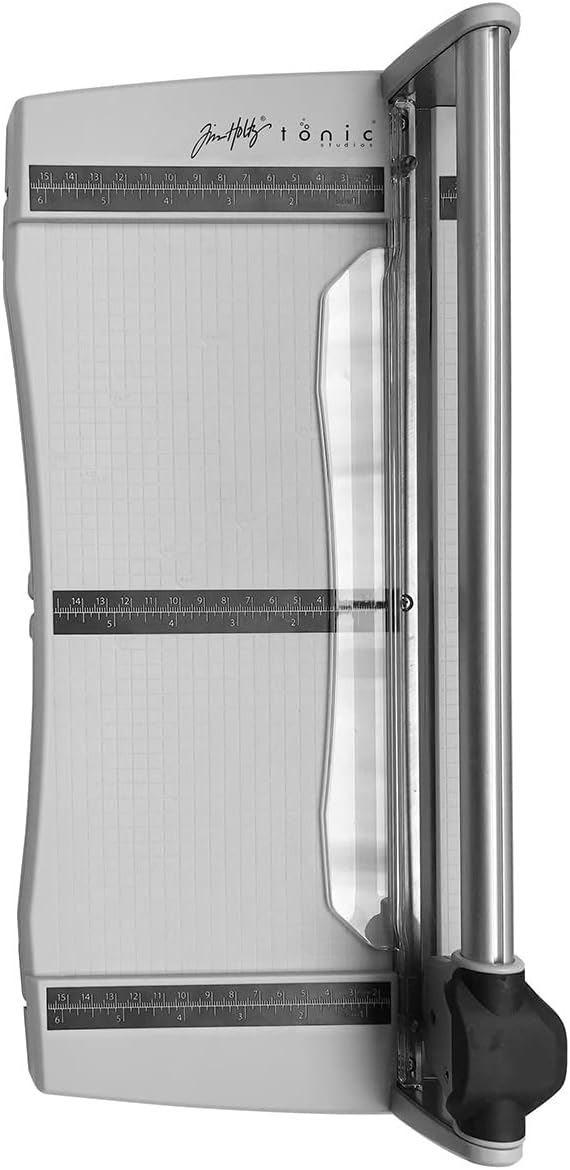 Tonic Studios Paper Cutter Tool - Rotary Trimmer for Scrapbooking, Cardstock, Vinyl, Photos - 12.5 Inch Cutting Length with Extendable Ruler and Grid Lines, White