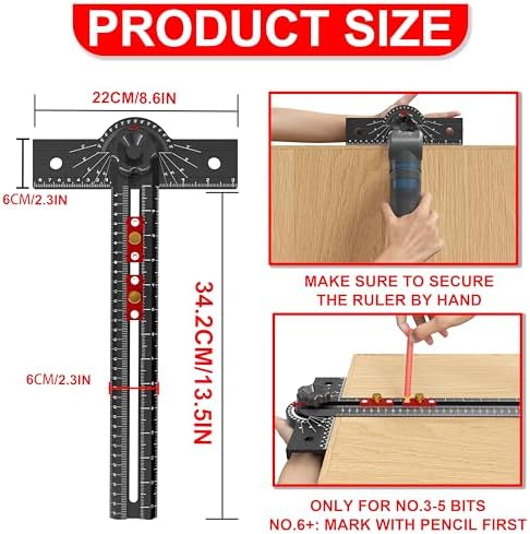 Woodworking T Square Ruler, 13.5 Inch Adjustable Angle 15-165° Measurement Tool, Aluminum Alloy, Precision Drilling Positioning Guide for Carpentry, Drafting, Contractor, Scribe Crafting, Drywall