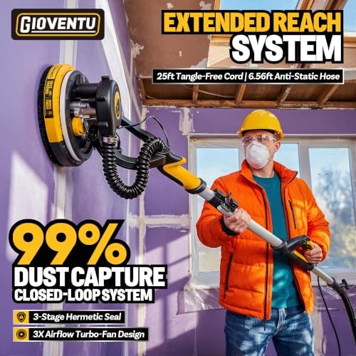 Electric Drywall Sander with Vacuum, 750W 7A, 26' Cord for Ceiling & Wall