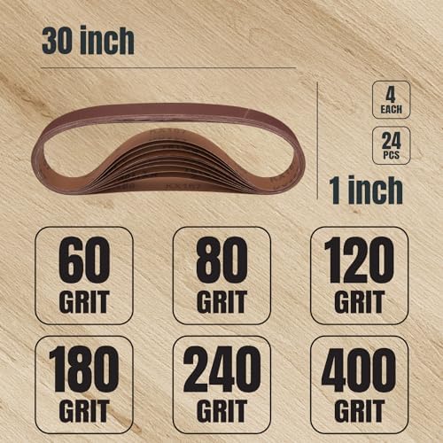 POWERTEC 1x30 Sanding Belts, 24PK, 4 Each of 60/80/120/180/240/400 Grits, 1 x 30 Inch Aluminum Oxide Sanding Belts for Belt Grinder, Belt and Disc Sander, Knife Sharpening, Woodworking (11127-2)